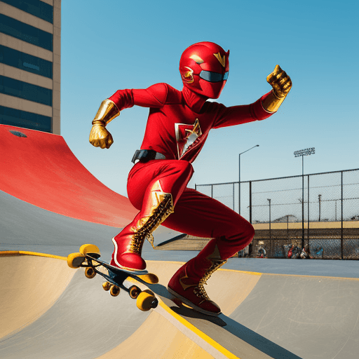 AI generated: a red suited superhero, with a power ranger helmet baseball cap backwards,wearing sunglasses, gold b...