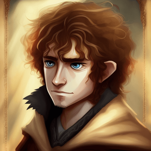 AI generated: A fantasy Anime style painting portrait poster of hobbit art character with curly blond messy hair
