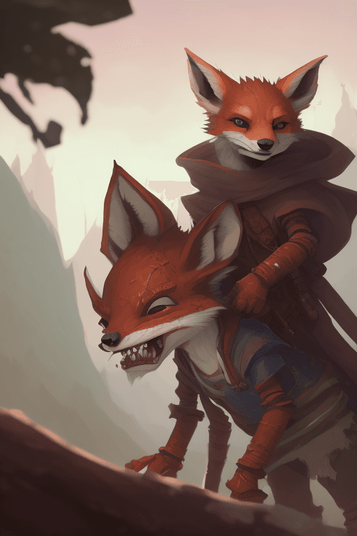 AI generated: Cartoon illustration, Fox portrait, dnd, feral kobold, rusted scales, wearing a tattered and baggy t...