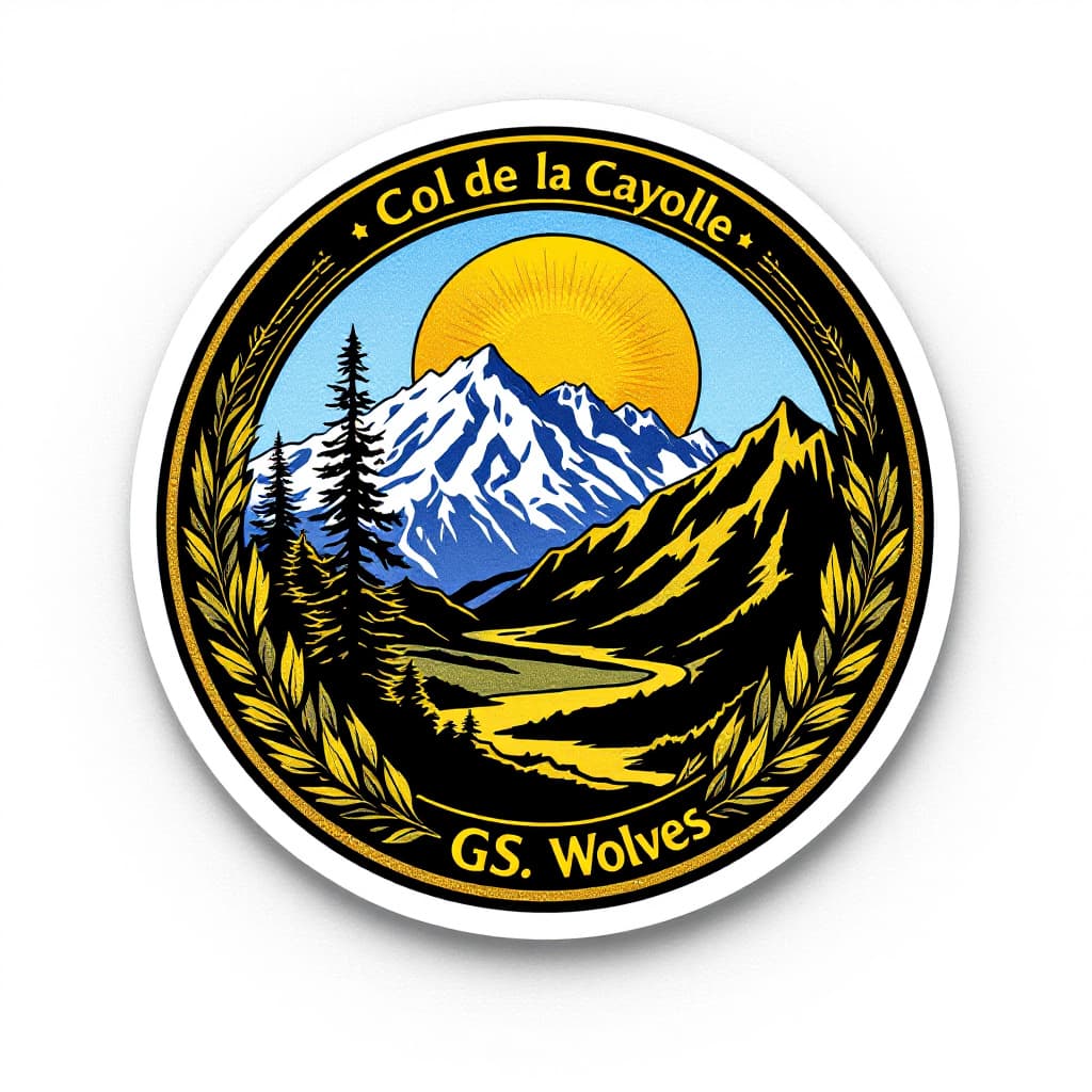AI generated: a image of a sticker of a medal using the Col de la Cayolle without Hintergrund and with the text "G...