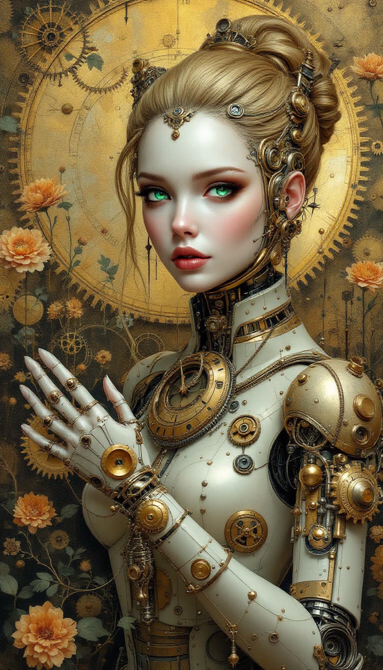 AI generated: "Golden Automaton in a Clockwork Garden": A powerful abstract painting features an automaton, exhibi...