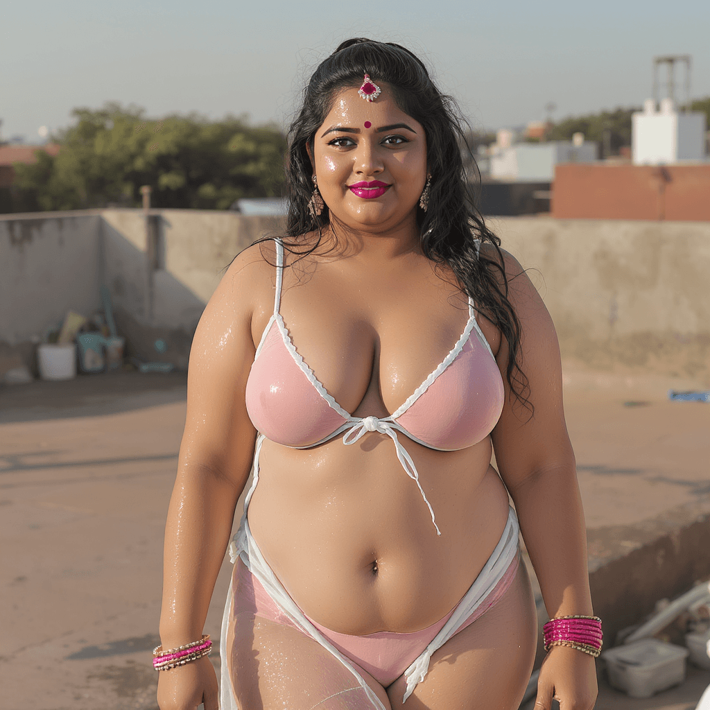 AI generated: Creat a Indian married curvy aunty image. She wearing a thin transparent white wet nighty. Showing h...