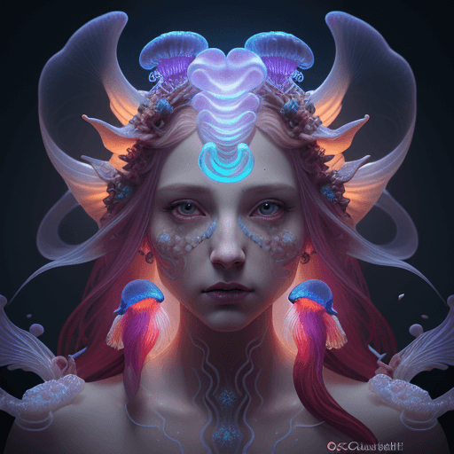 AI generated: Goddess close-up portrait ribcagel. jellyfish phoenix head, nautilus, orchid, skull, betta fish, bio...