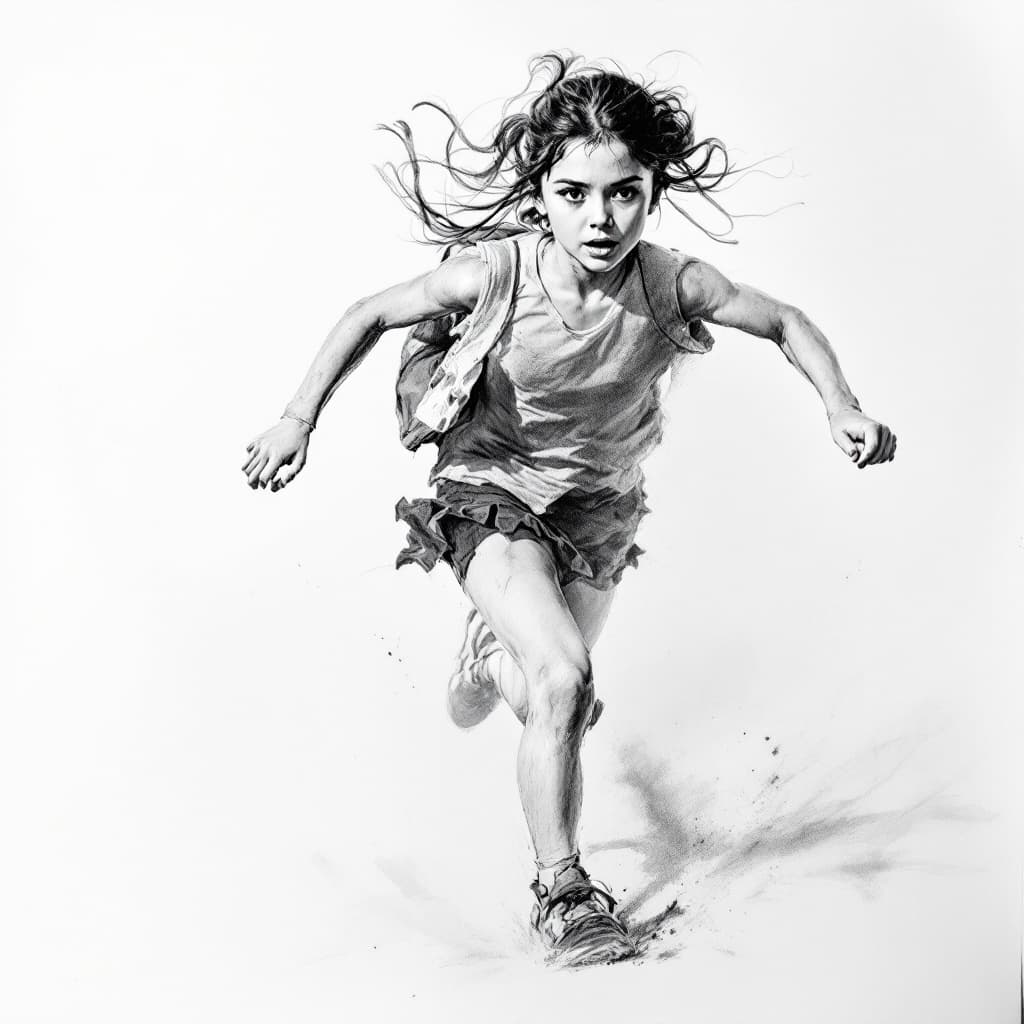 AI generated: Girl, charcoal sketch, running