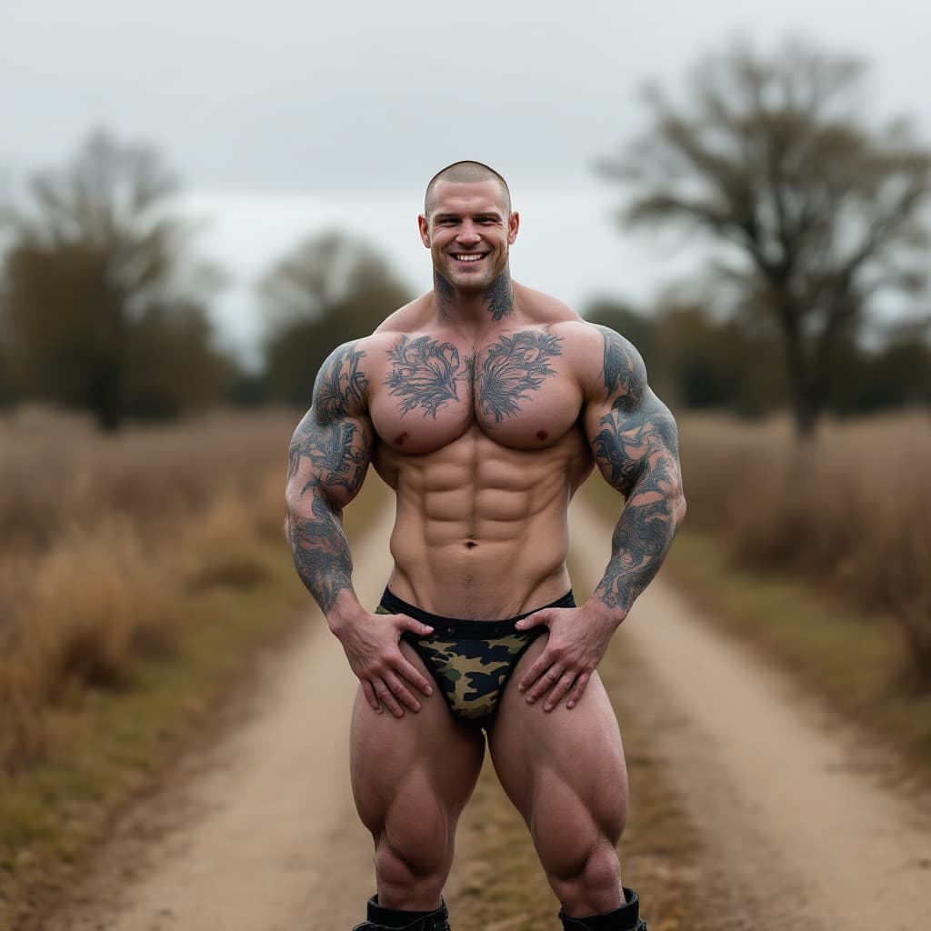 AI generated: Full body image, tall fit slim white irish bodybuilder, heavily tattooed, slim face, chiseled jawlin...