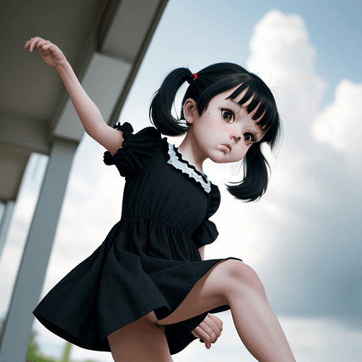 AI generated: Loli, young, black or dark short hair, twintails, high kicking on sky, (portrait:1.5, masterpiece, b...