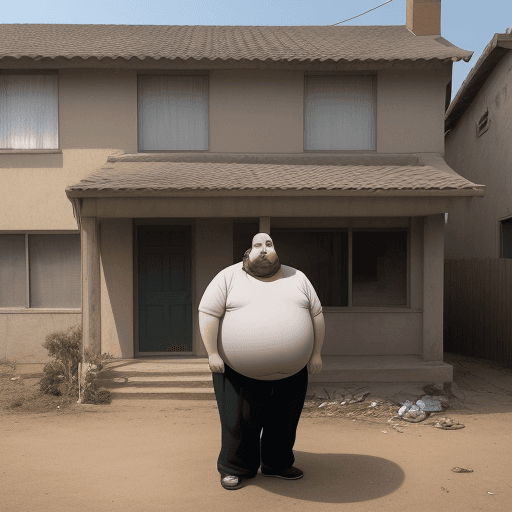 AI generated: Fat, ugly man, without glasses, digging his nose. In front of a dirty house