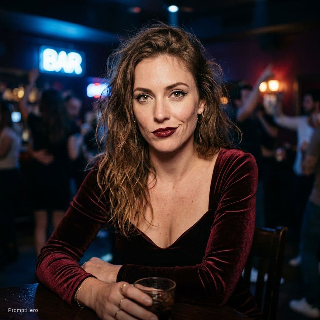 AI generated: ultra-realistic cinematic portrait of a real woman, waist-up shot, light chestnut hair, loose, porou...