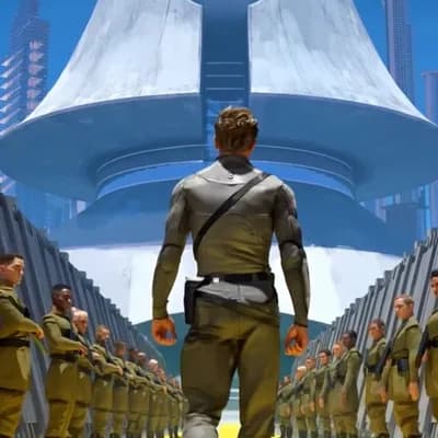 AI generated video: A space commander walks past space troops at attention towards a futuristic building in the distance...