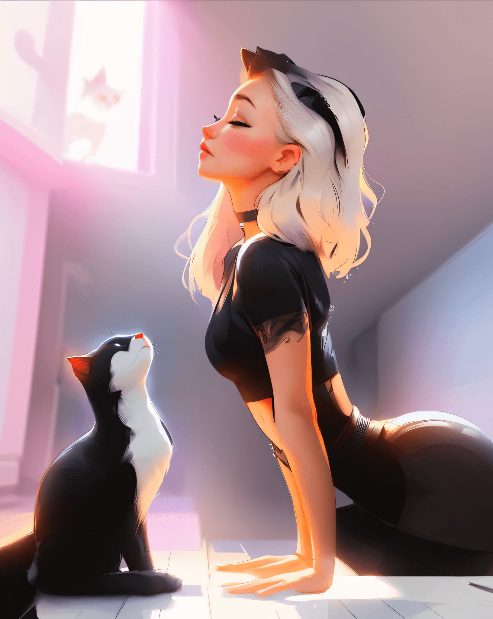 AI generated: a close up of a woman in a black top and a cat, lois van baarle and rossdraws, lois van rossdraws, l...