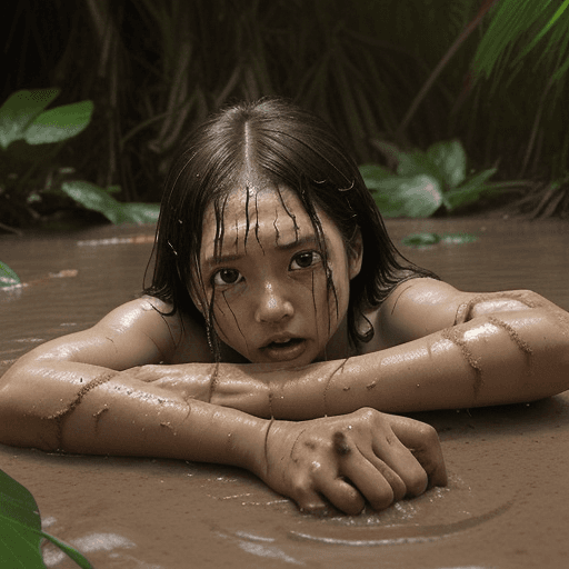 AI generated:  2 jungle girl, particly submerged in quicksand, sinking in mud, crying for help, white skin, anime 