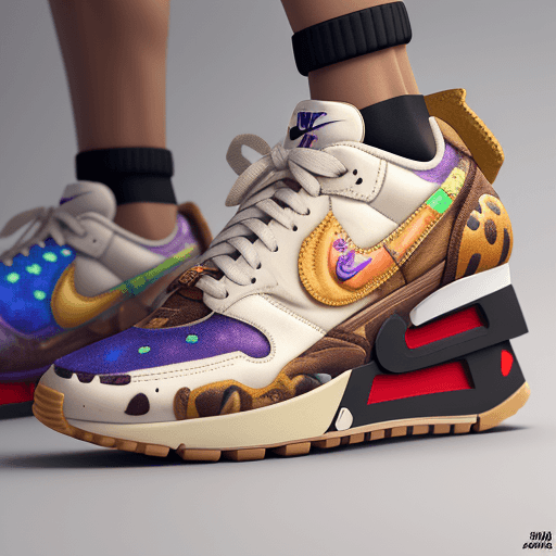 AI generated: sneakers in the style of Nike Airs made of dried fruit, futuristic solarpunk, high detail, bright co...