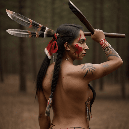 AI generated: A American Indian princess holds a tomahawk in her hand and aims, there are bow on her back, 8k, red...