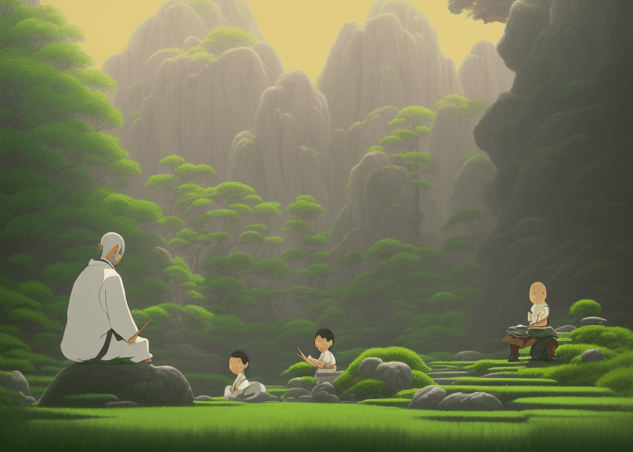AI generated: create a painting of a zen master sitting in front of a young warrior boy and teaching him, with hum...