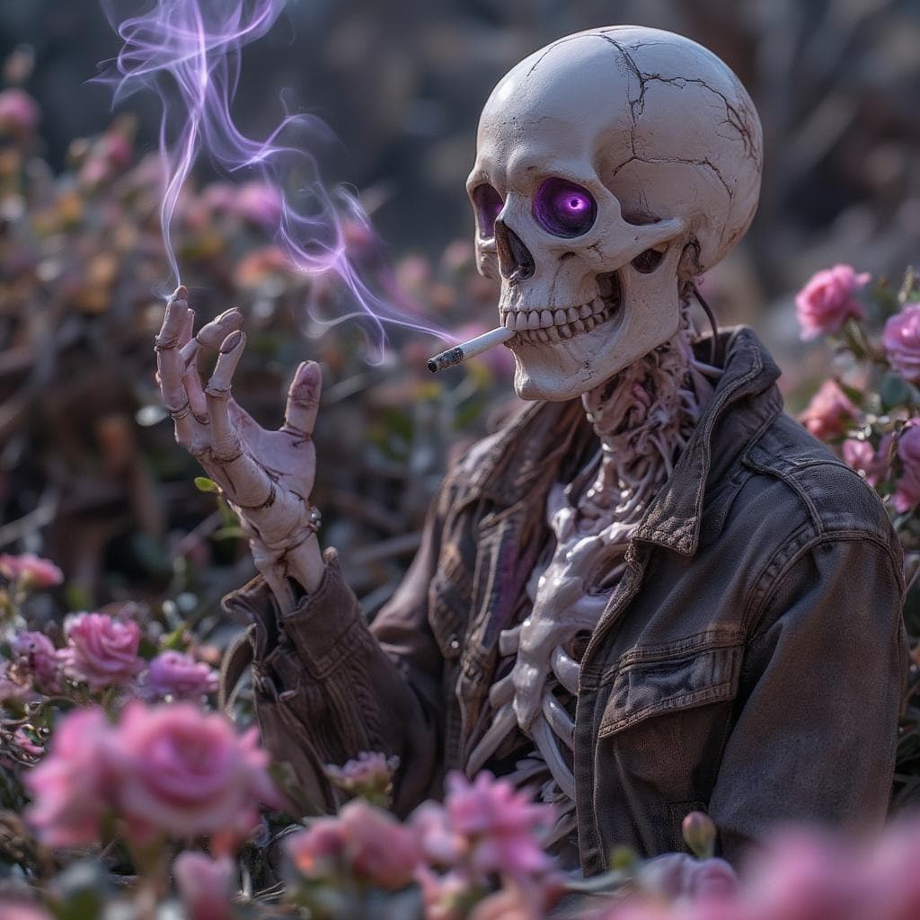 AI generated: A smoking skeleton, Modern era, Mixed colors with prominent use of purples, pinks, and earth tones