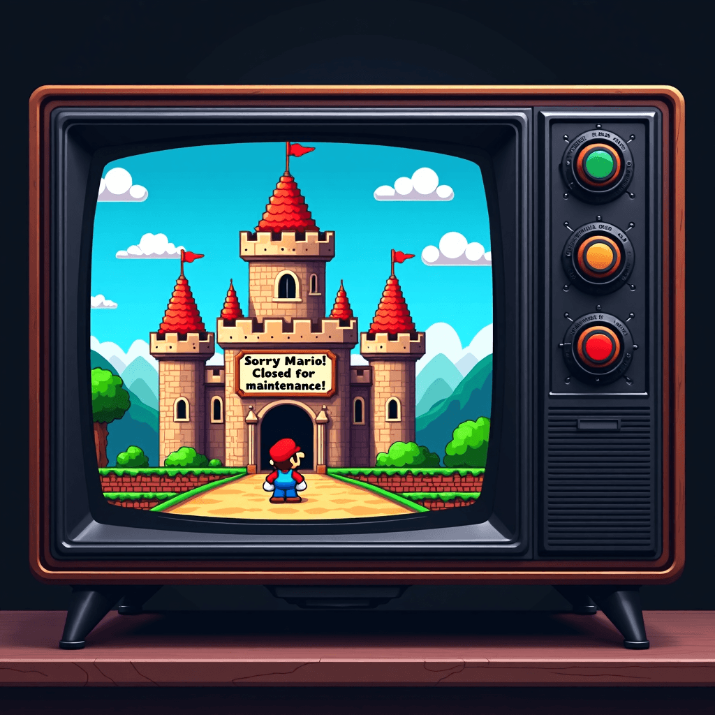 AI generated: a screengrab of 8bit supermario arcade game on a screen of old tv box, a mario character stands next...