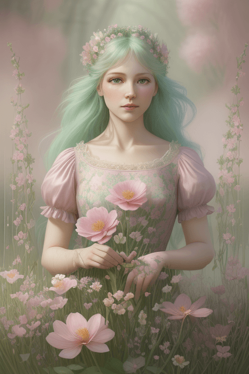 AI generated: mdjrny-v4 style, whimsical fantasy elegant meadow flowers botany maximalism with a wave of flowers g...