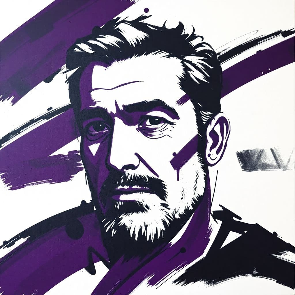 AI generated: abstract portrait using bold, sweeping brush strokes in shades of black and deep purple against a st...