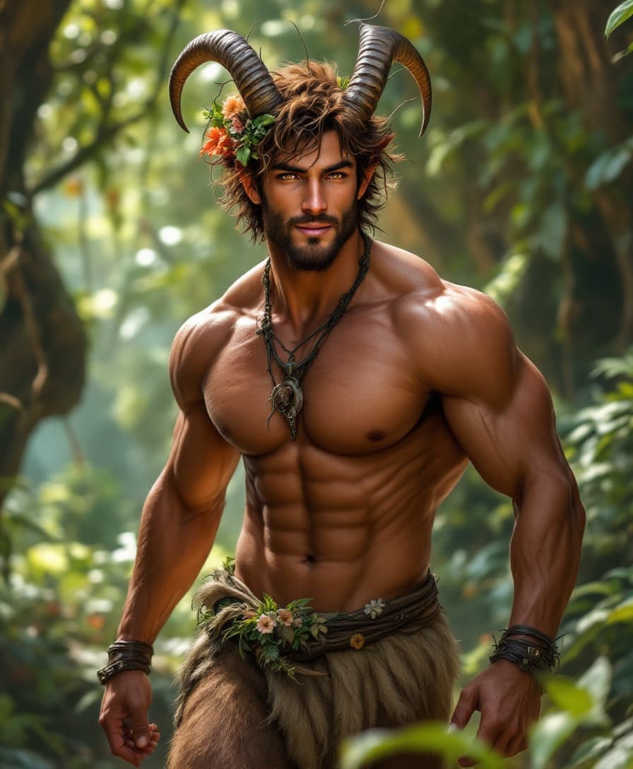 AI generated: Visualize a satyr roaming through an enchanted hidden valley, surrounded by lush jungle and magical ...