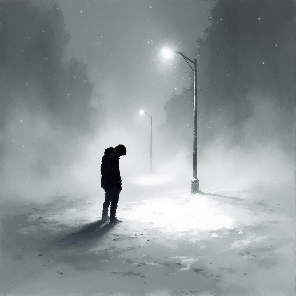 AI generated: Artistic illustration of a frozen winter night, December's biting cold, lone figure (man) standing s...