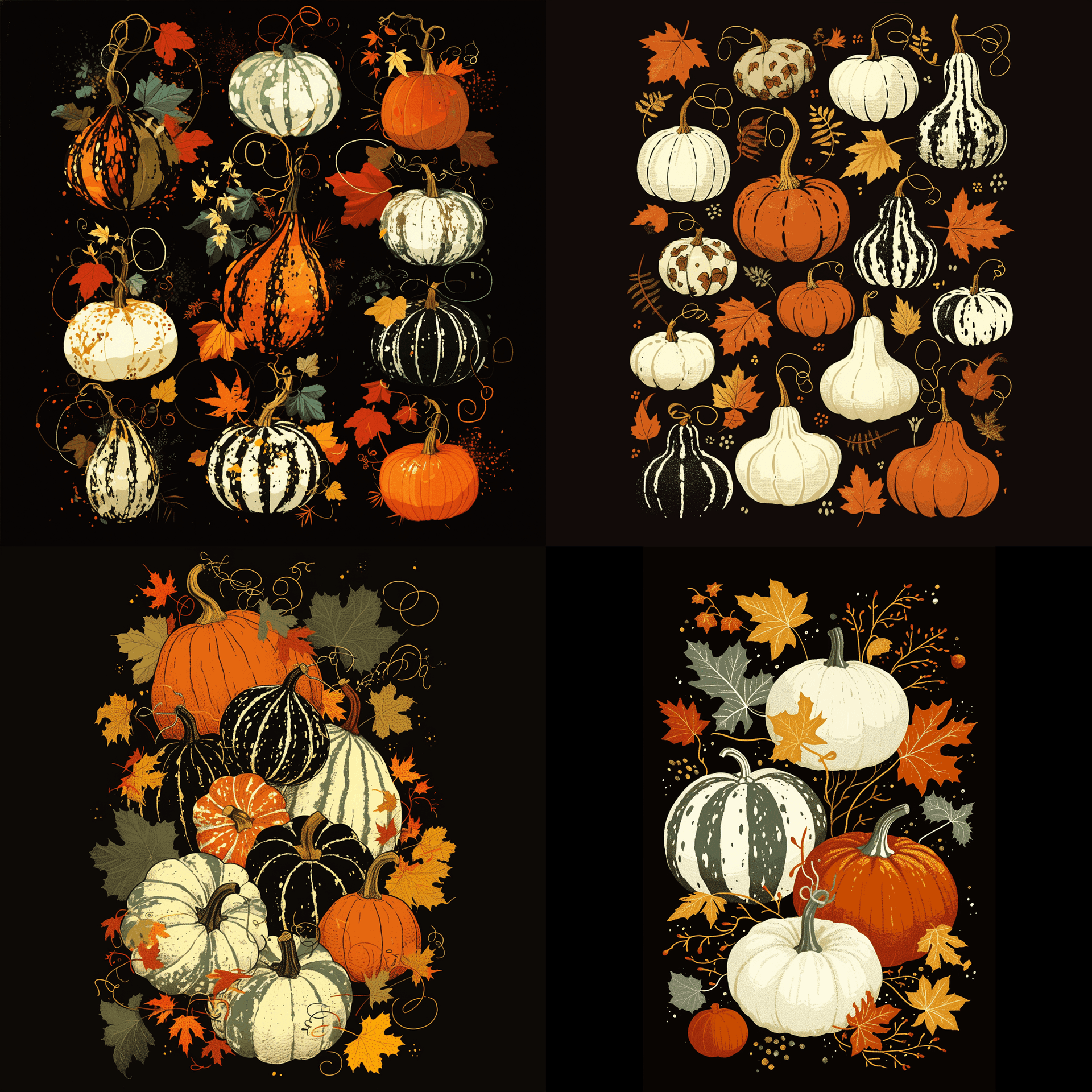 AI generated: illustration art, series of simple, colorful, thanksgiving, pumpkins, maples, exaggerated, solid-bla...