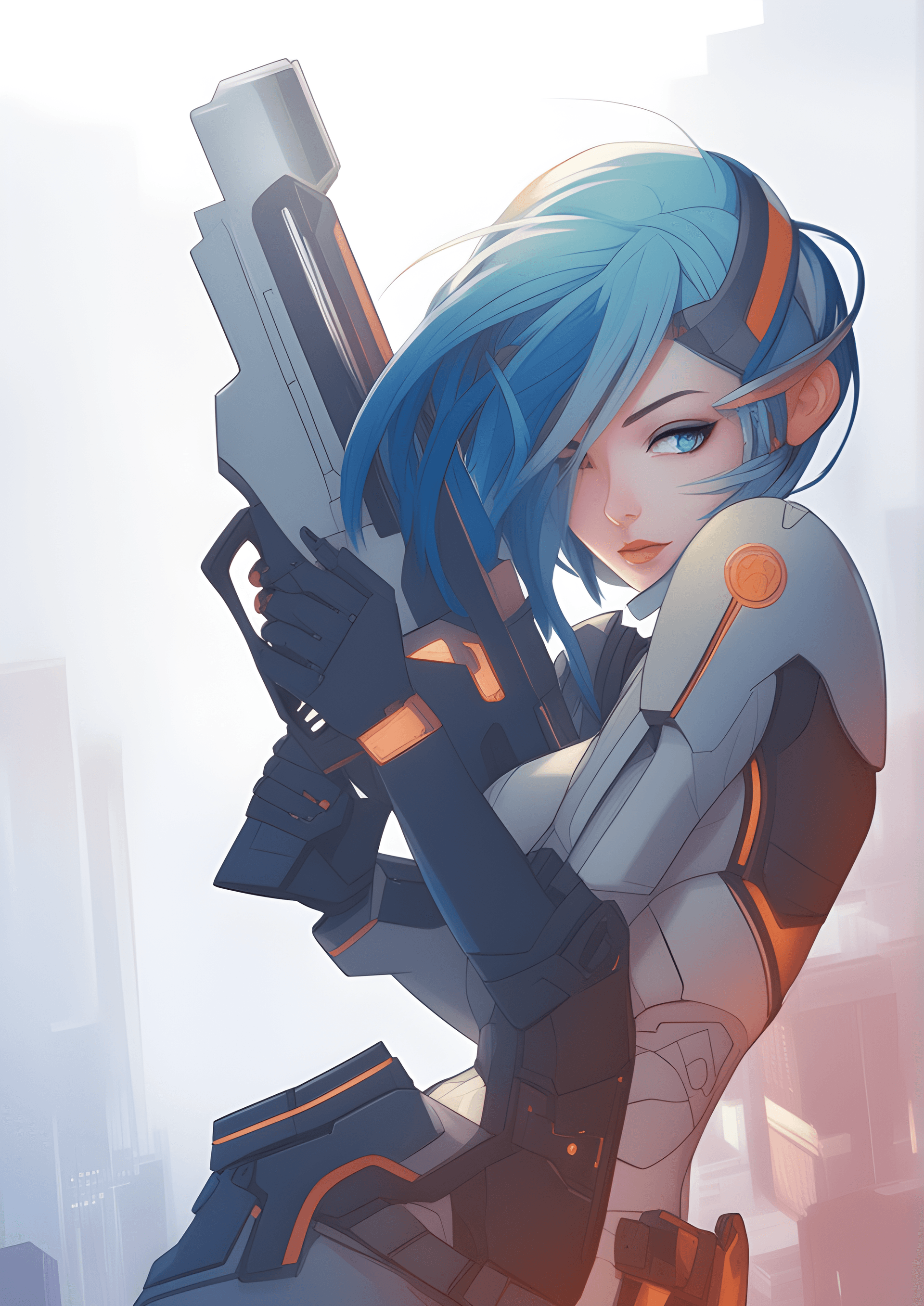 AI generated: a woman with blue hair holding a gun, female cyberpunk anime girl, marc brunet, cyberpunk anime girl...