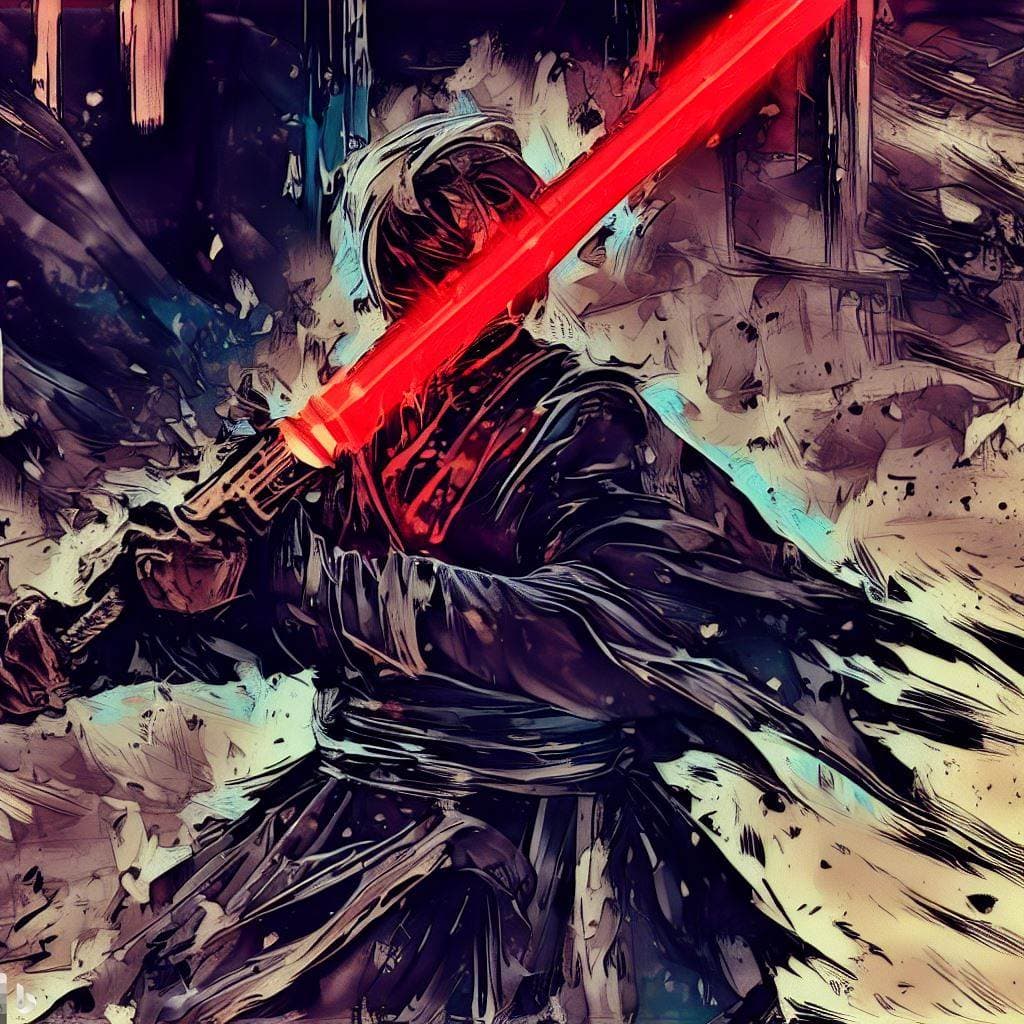 AI generated: rhonin Jedi holding red lightsaber, active pose, anime, scetch, nvinkpunk, abstract brush strokes, h...