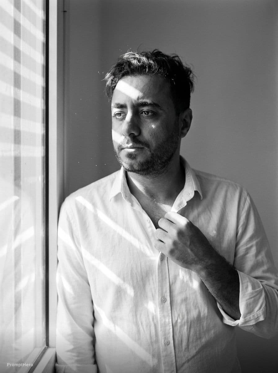 AI generated: 

Ultra-realistic 8K black and white cinematic mid-shot portrait of a young man (use this face) stan...