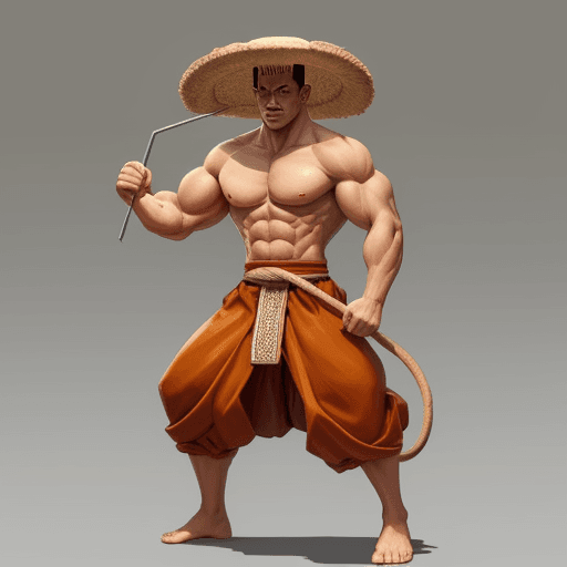 AI generated: Make a battel Monk. 1.95 meters tall. Muscular, with a straw hat.
