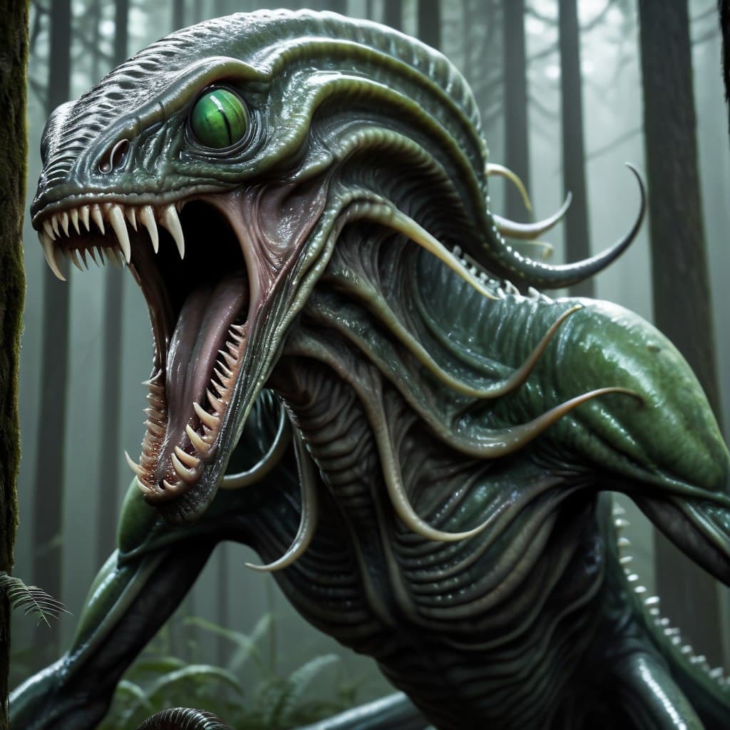 AI generated: epic realistic, Terrifying Alien creature with sharp, elongated limbs, a hideous face with green dea...