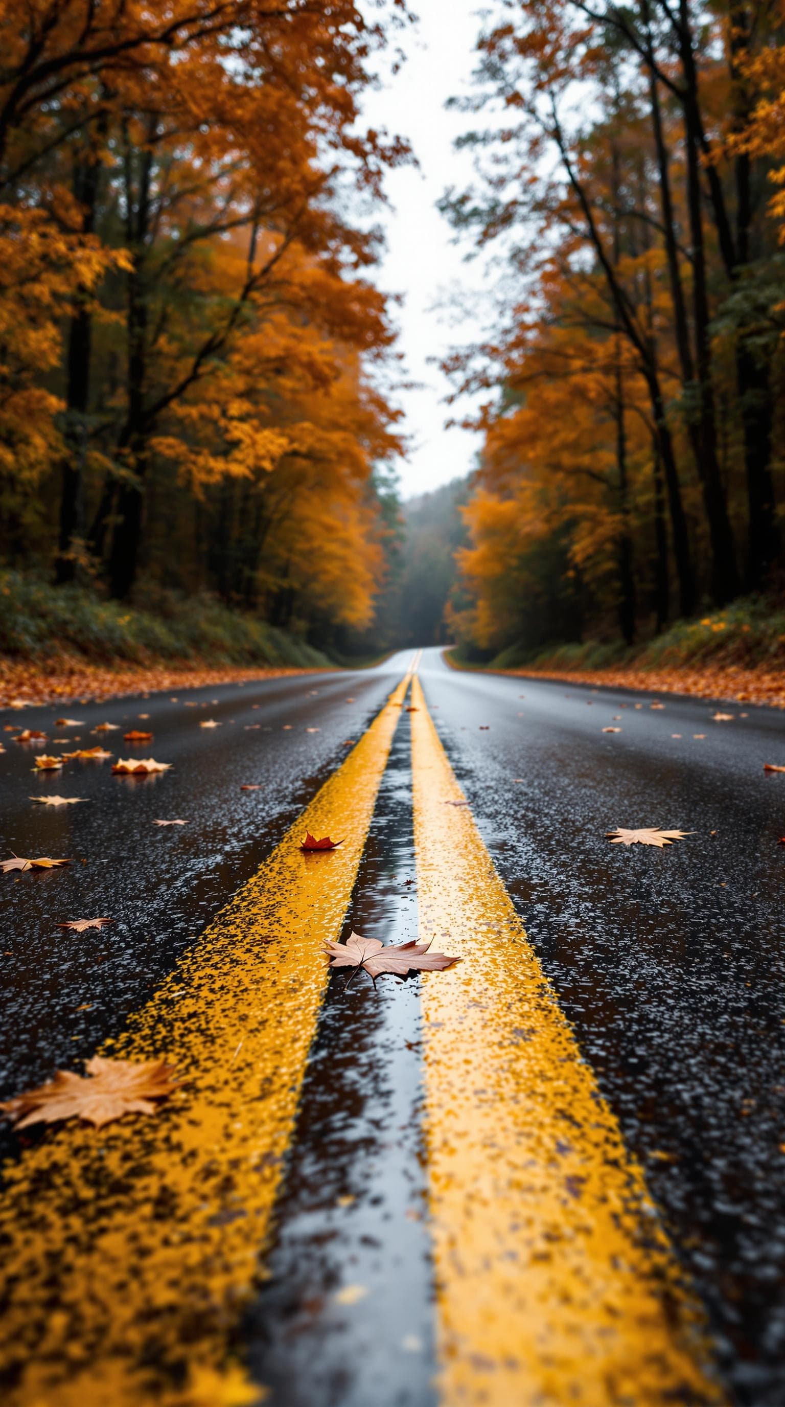 AI generated: Wet asphalt road, autumnal perspective.  Yellow lane lines on a dark, wet road, reflecting the surro...