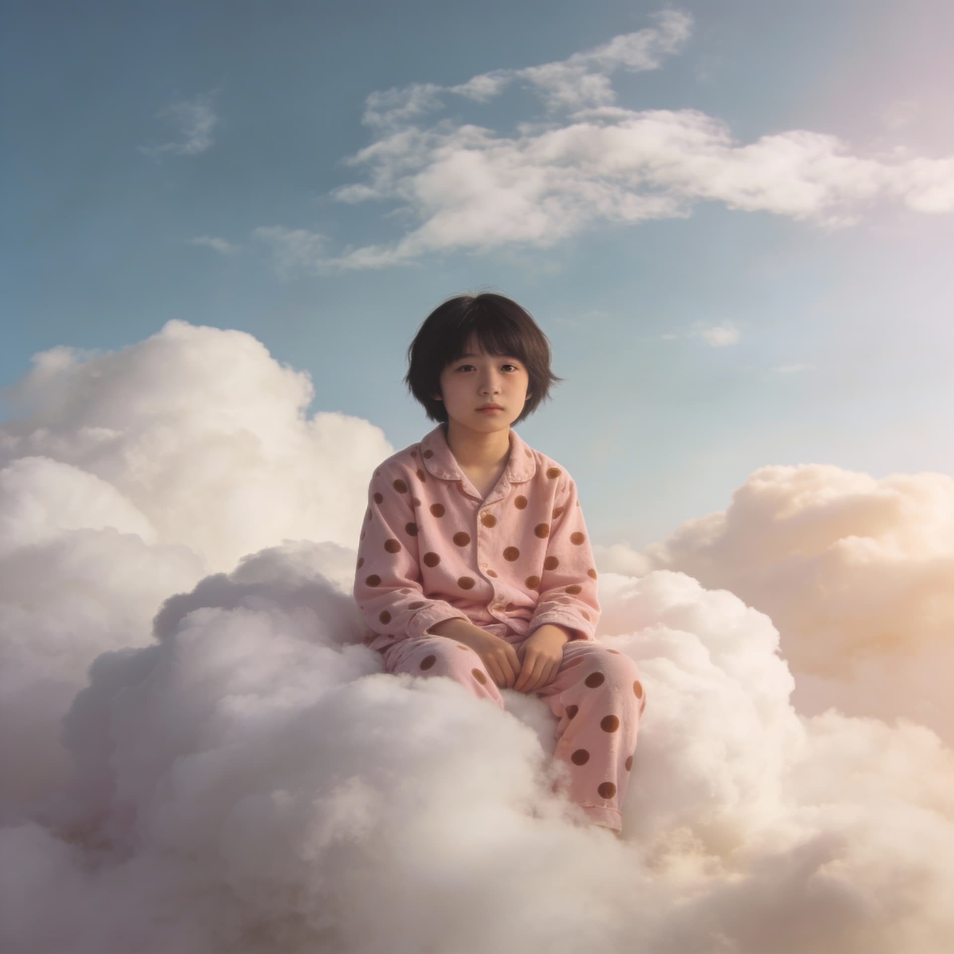 AI generated: A photo of Rei sitting on top of white fluffy clouds wearing pink pajamas with brown polka dots the ...