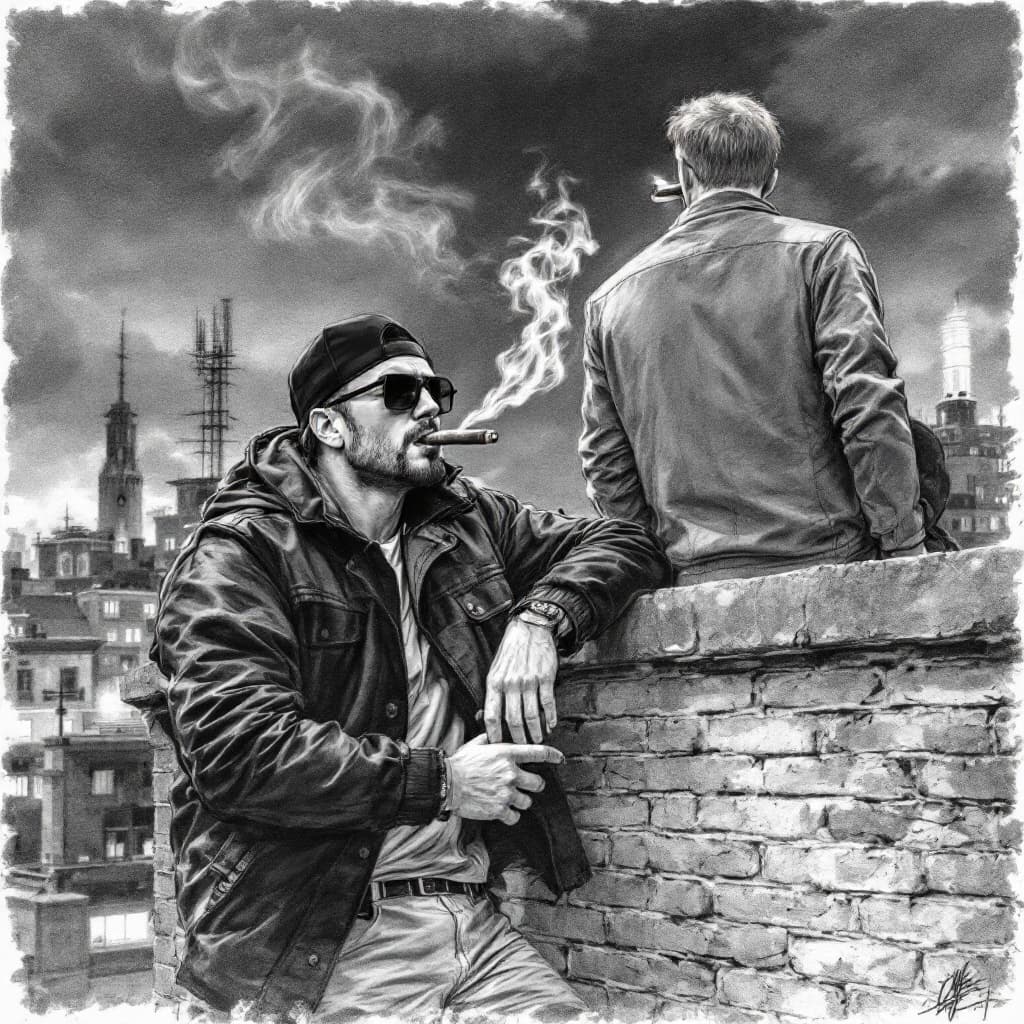 AI generated: *A highly detailed pencil sketch of two equally tall and confident men standing on a rooftop at nigh...
