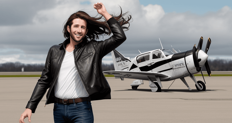 AI generated: 3/4 shot, photograph of, a happy 30 year old man, wearing a leather pilot jacket and blouse, brunett...