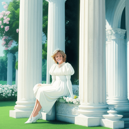 AI generated: Beutiful Princess Diana smiling and sitting on a stool, White palace, bright, pillars, purity, plant...