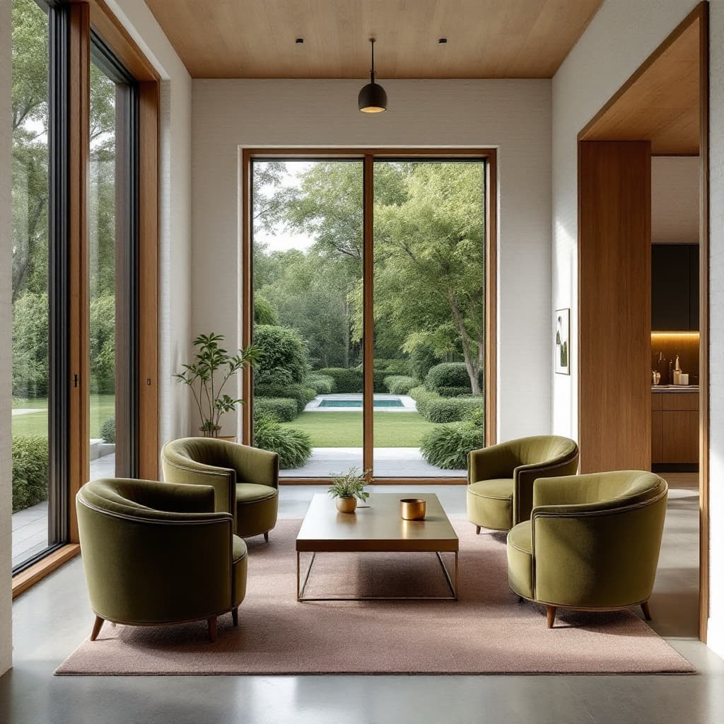 AI generated: kitch area framed by large floor-to-ceiling windows that showcase a serene garden view, interior inc...