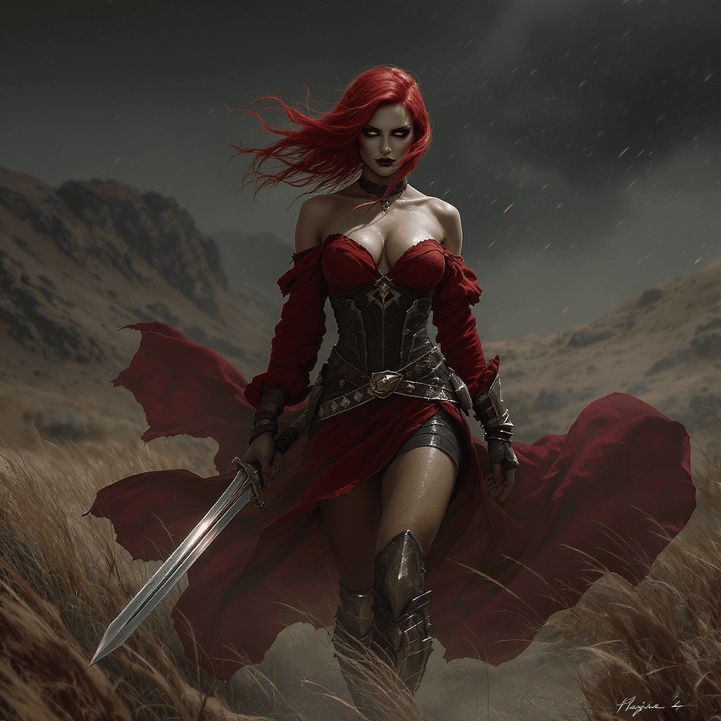 AI generated: A mysterious female warrior walking through a wind-blown grassy valley desert, strawberry red head ...