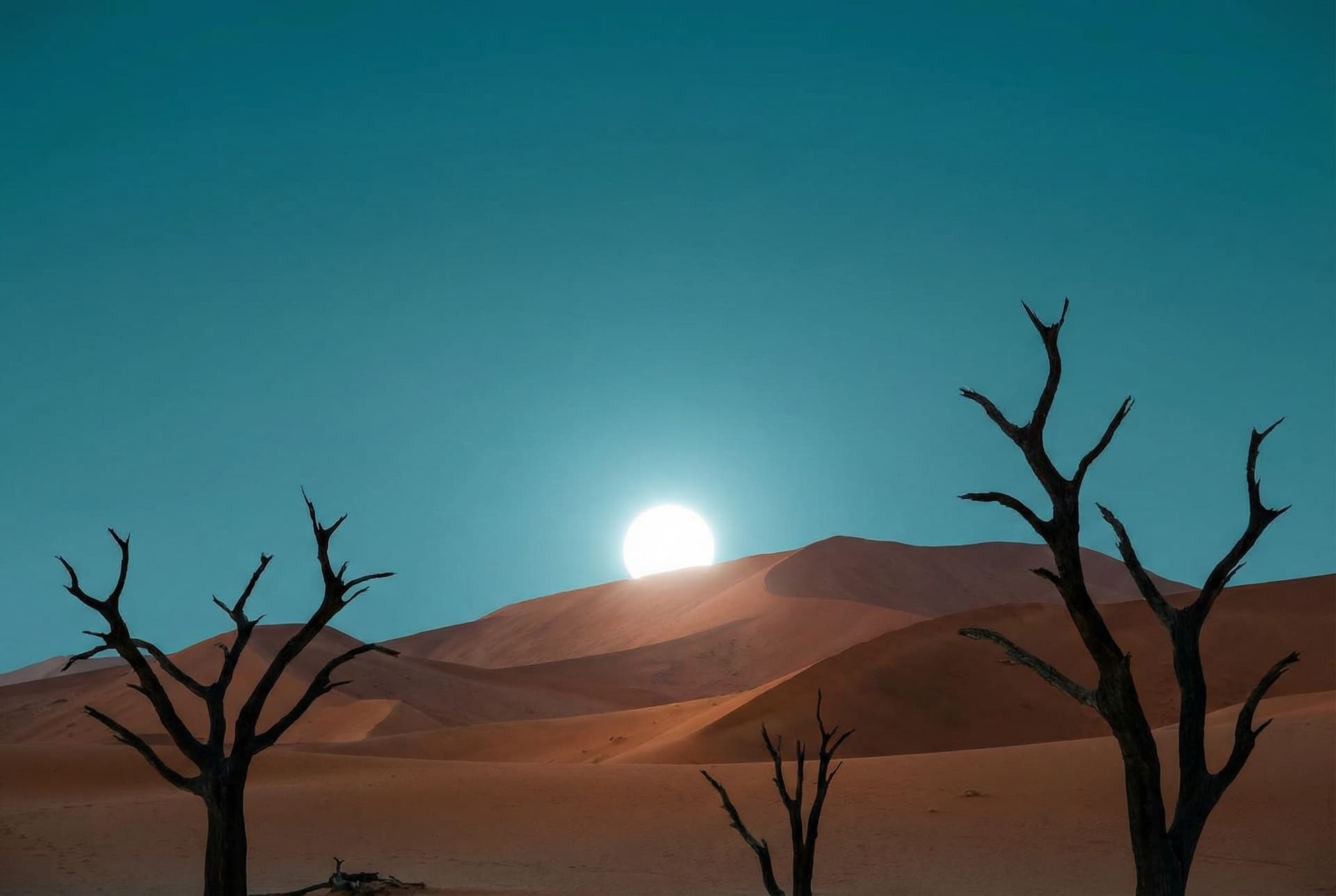 AI generated: a scenic landscape with desert dunes and dead trees but the sky has a more teal color  with no cloud...