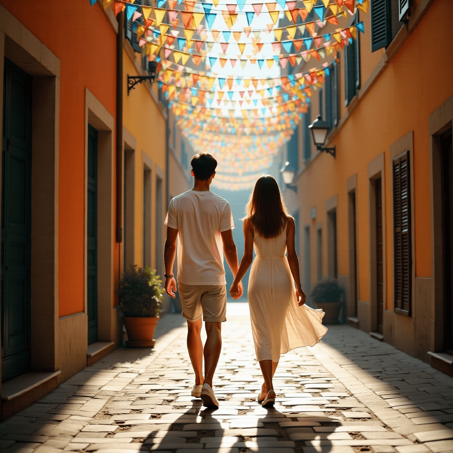 AI generated: wide angle photo of a young couple walking down a street, side by side, holding hands, narrow street...