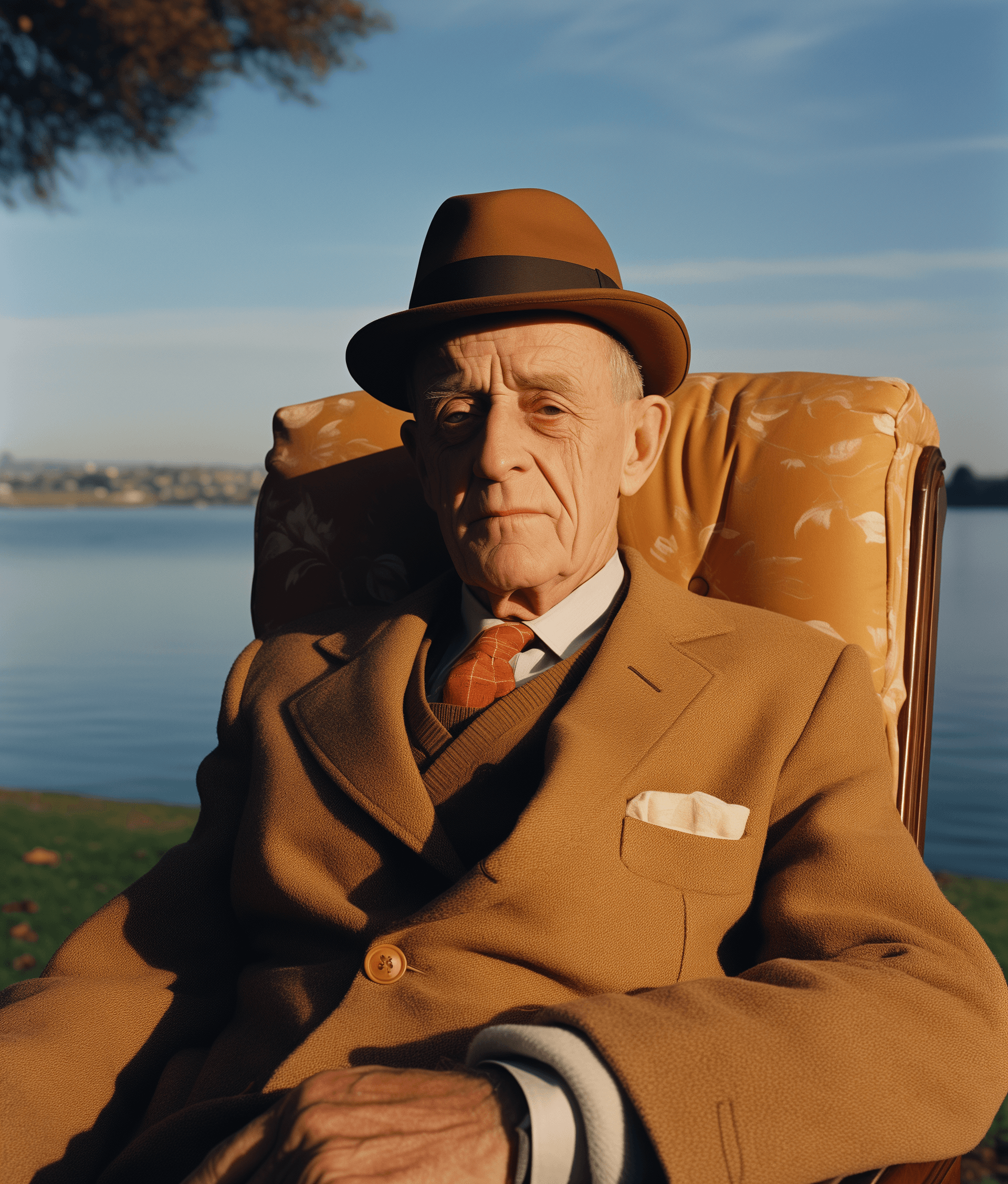 AI generated: Close-up of a man sitting on blue lawn chair, wearing brown corduroy coat and hat with tan bandana a...