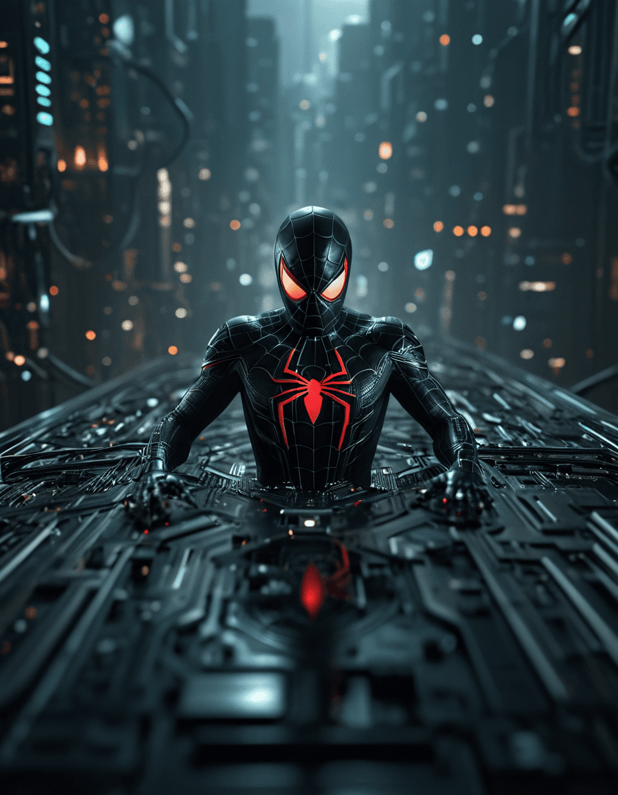 AI generated: 	dark futuristic, spider man, focus, motherboard, technological, shot from above, full body, intrica...