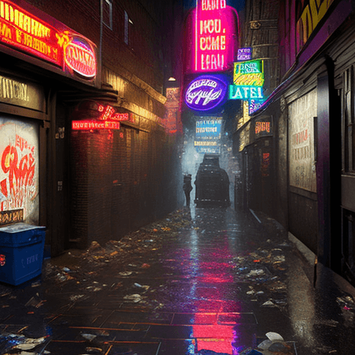 AI generated: : A gritty Gotham alleyway, bathed in the neon glow of a flickering sign advertising "Gotham Chowder...