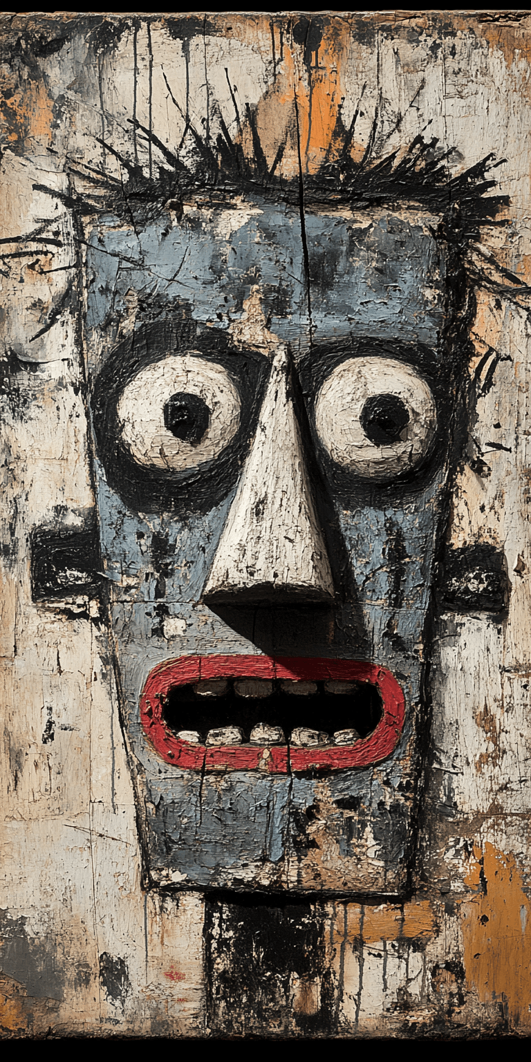 AI generated: A blue figure with an elongated head and nose, in the style of Picasso, is depicted in the center of...