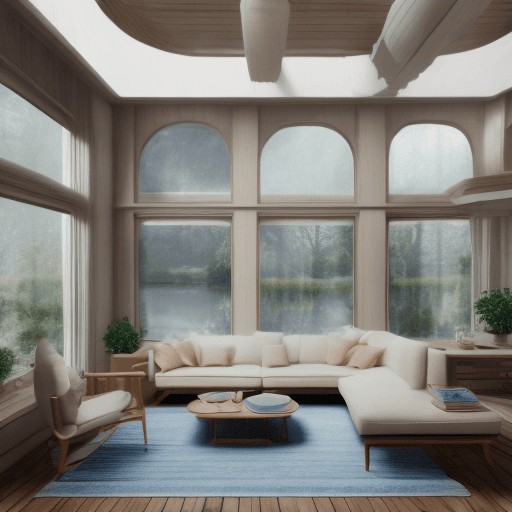 AI generated: High resolution photography interior design, dreamy sunken living room conversation pit, wooden floo...