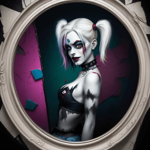 AI generated: "Harley Quinn, in the style of a Tim Burton illustration, gazing into a cracked mirror, chaotic back...