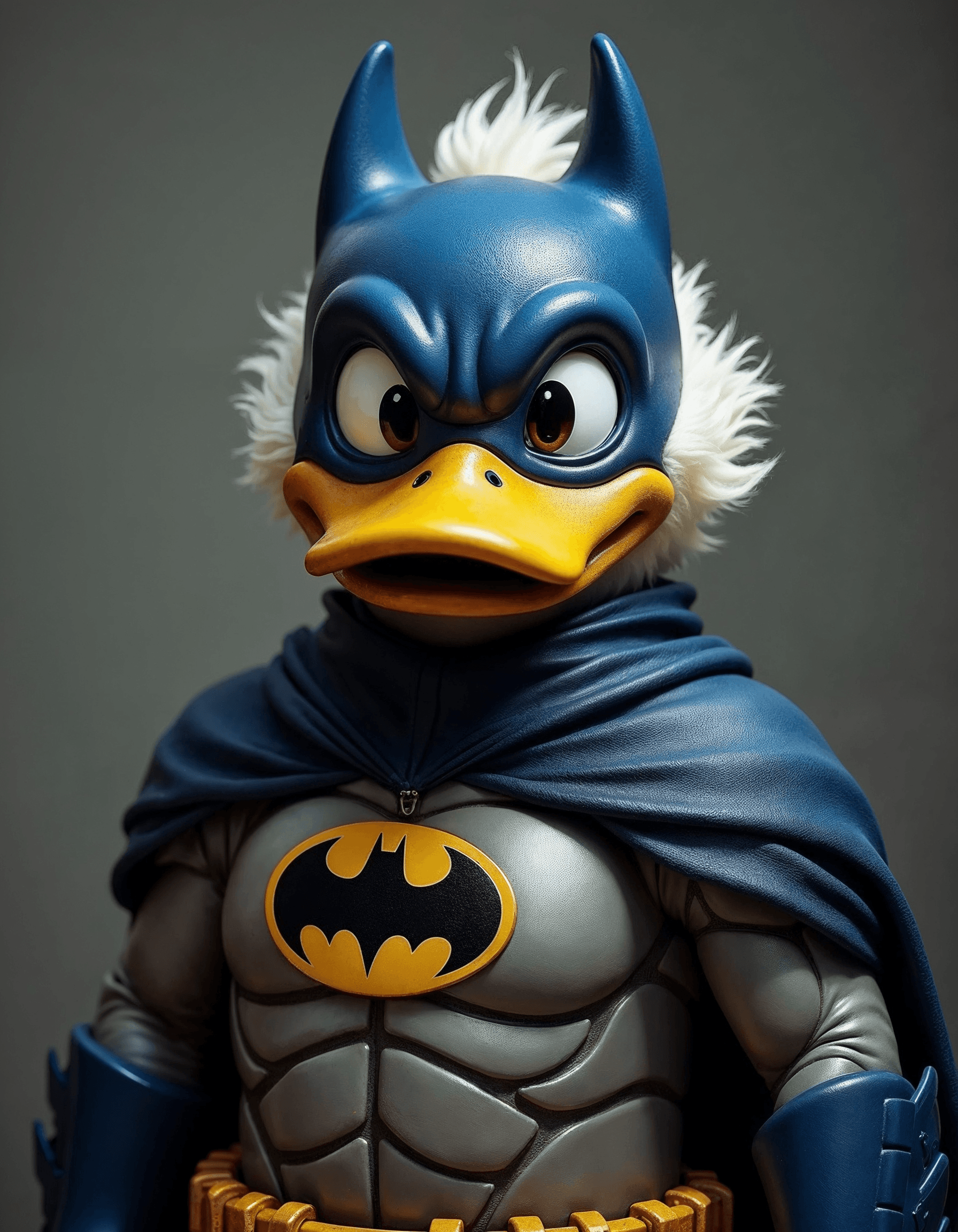 AI generated: a portrait of d0nald duck wearing a batman armor