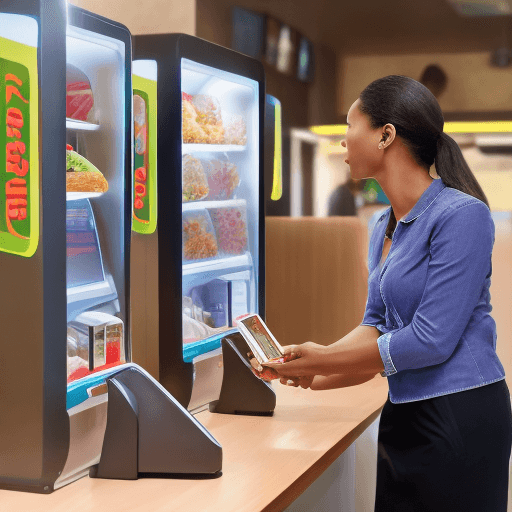 AI generated: customer ordering through a  self service kiosk in a fast food restaurant. the customer  who must be...