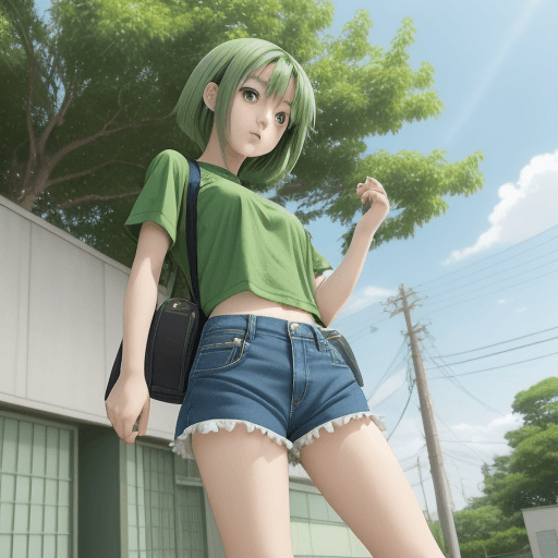 AI generated: anime girl in green shirt and blue shorts posing for picture, by Kose Kanaoka, anime visual of a cut...
