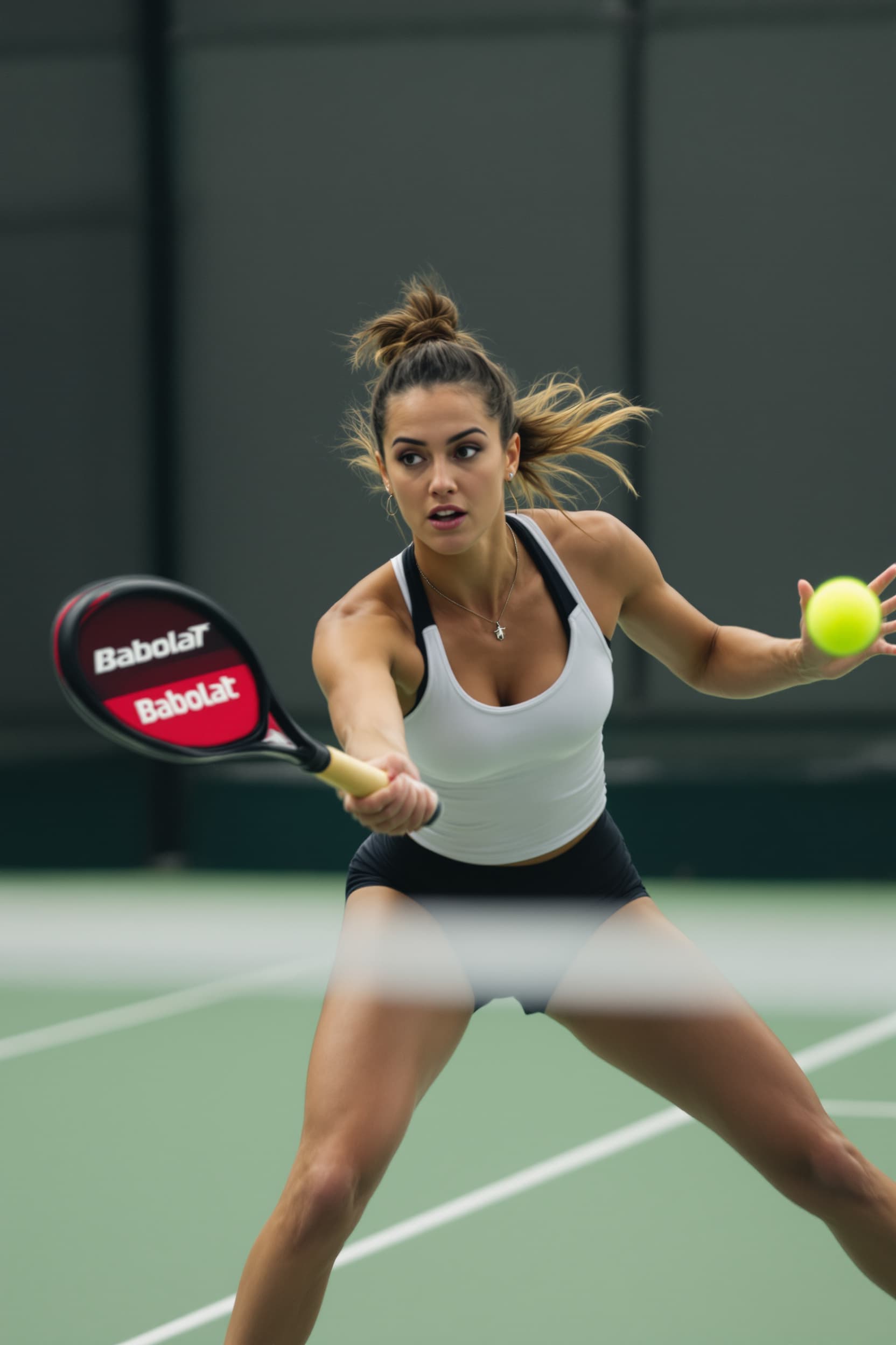 AI generated: A beautiful woman playing padel ball in an indoor padel court, she has a Babolat padel racket in han...