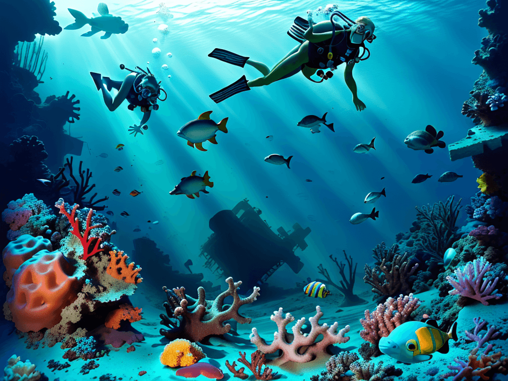 AI generated: Diving photo of caribbean sea, old wreck on the sand, diver, green turtle, flashy fishes, dreamy cor...